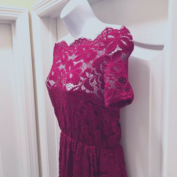 Lace Red/Maroon Off Shoulder Mini Dress-Size Large-Lined-Lightweight-Casual-NWOT - Picture 6 of 16